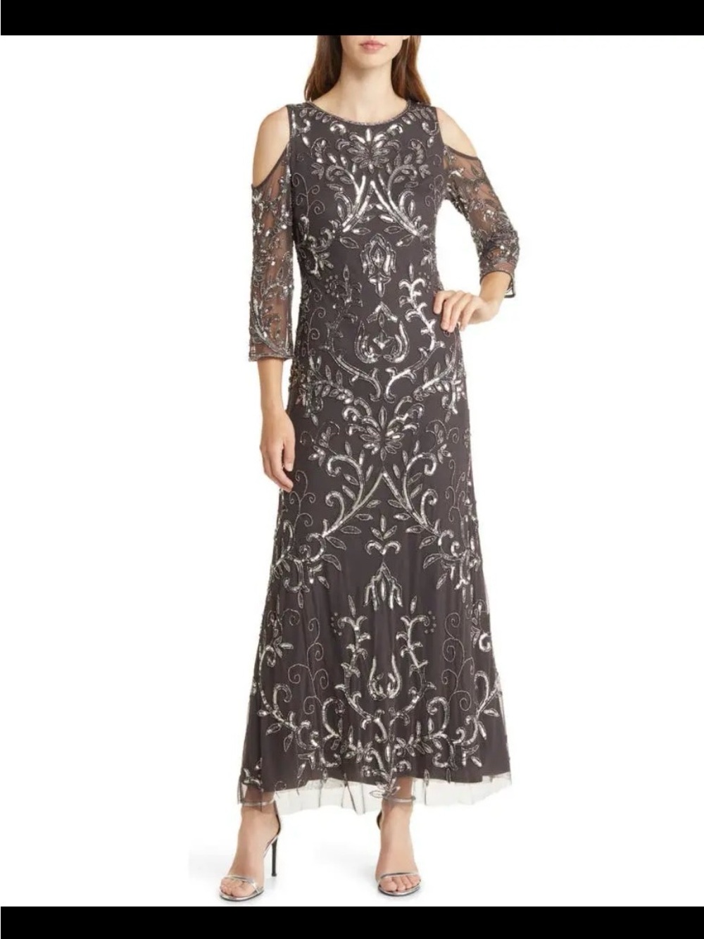 Pisarro Nights Charcoal Embellished Cold-Shoulder Maxi Dress